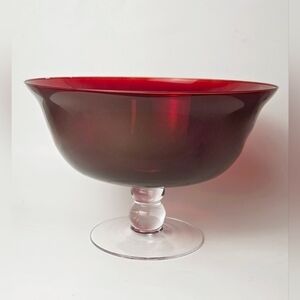 PartyLite Ruby Red Glass 3-Wick Candle Holder Bowl on Pedestal
